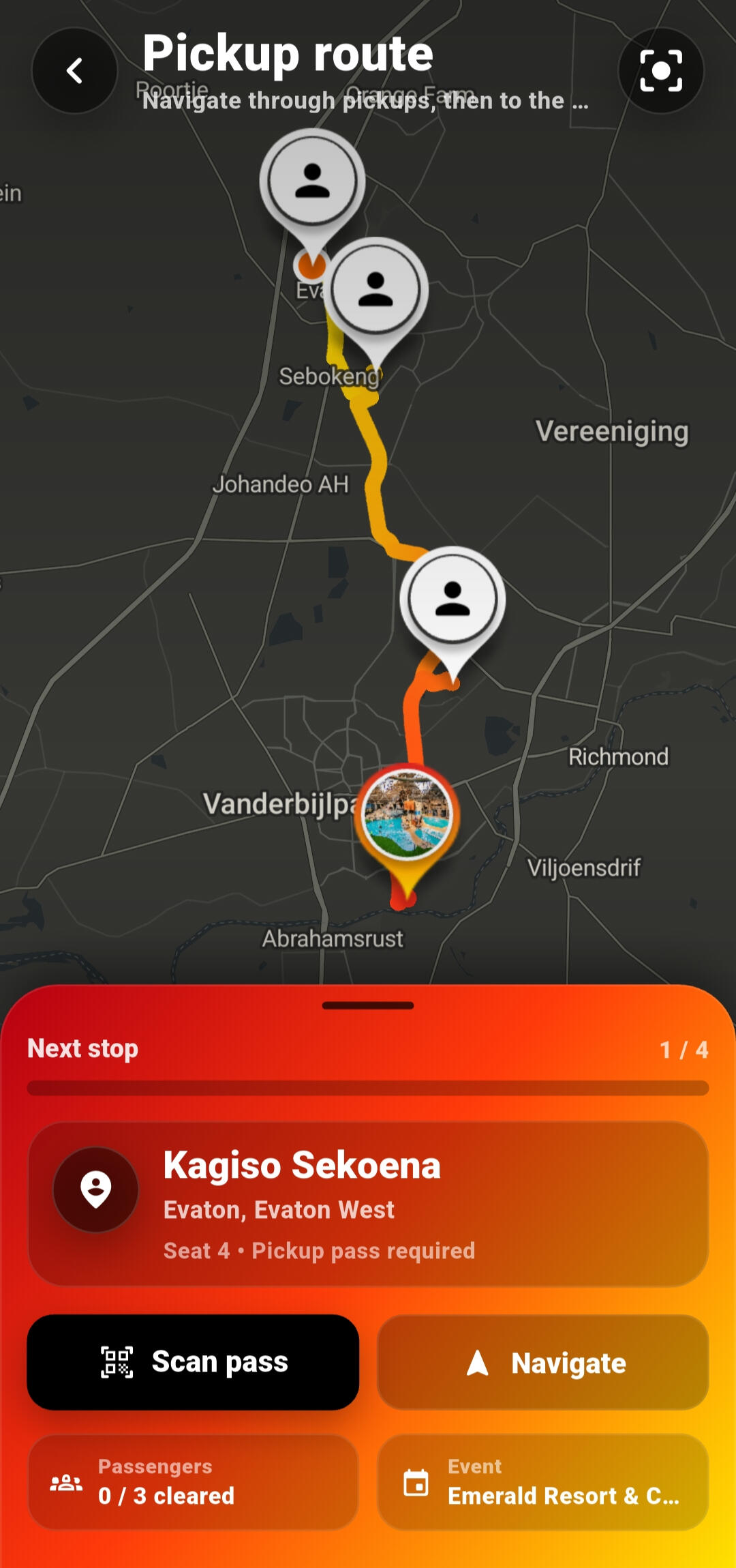 FanPool pickup route screen