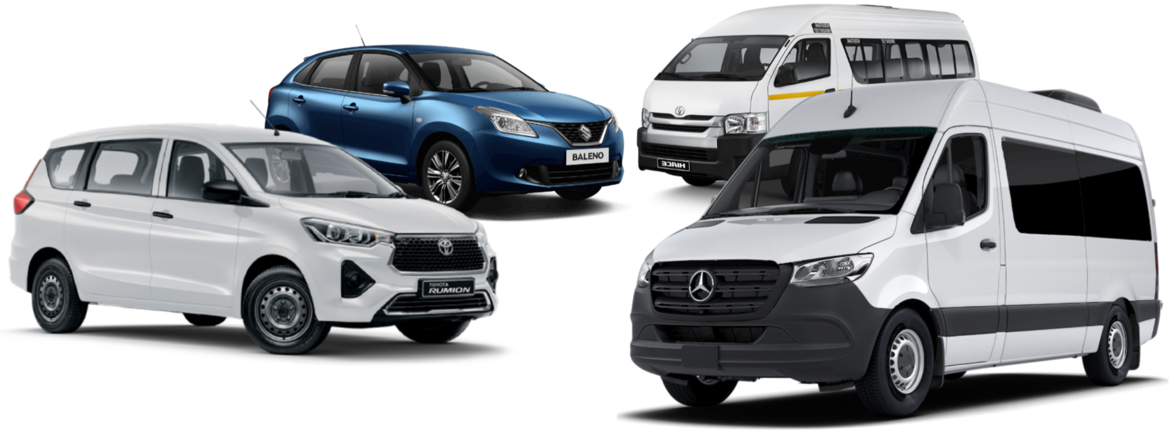 Examples of FanPool vehicle sizes: car, 8-seater, shuttle taxi, and large shuttle
